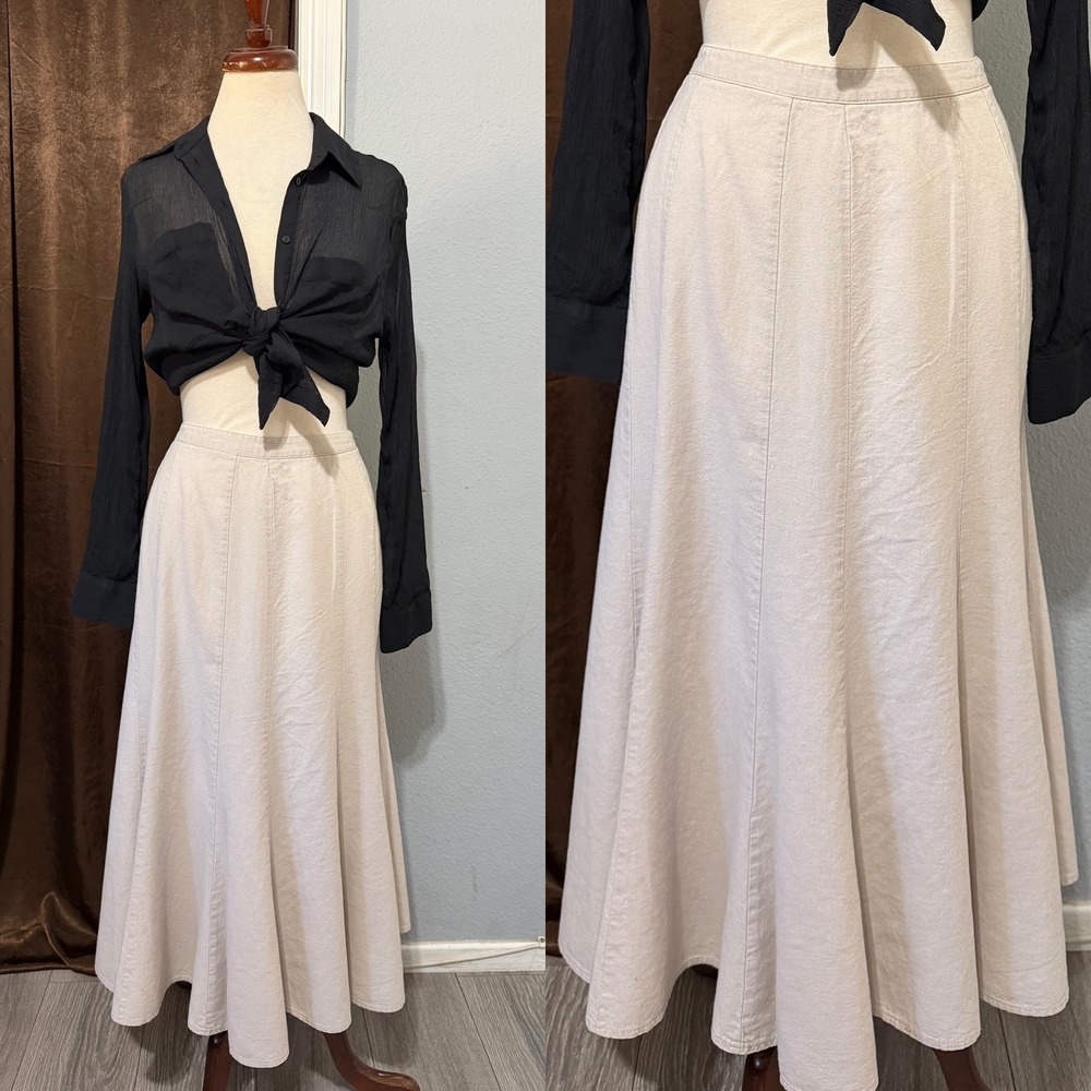 Dressbarn Skirt Size 18 Beige Linen Blend Paneled Flared Midi Side Zip Plus Boho
